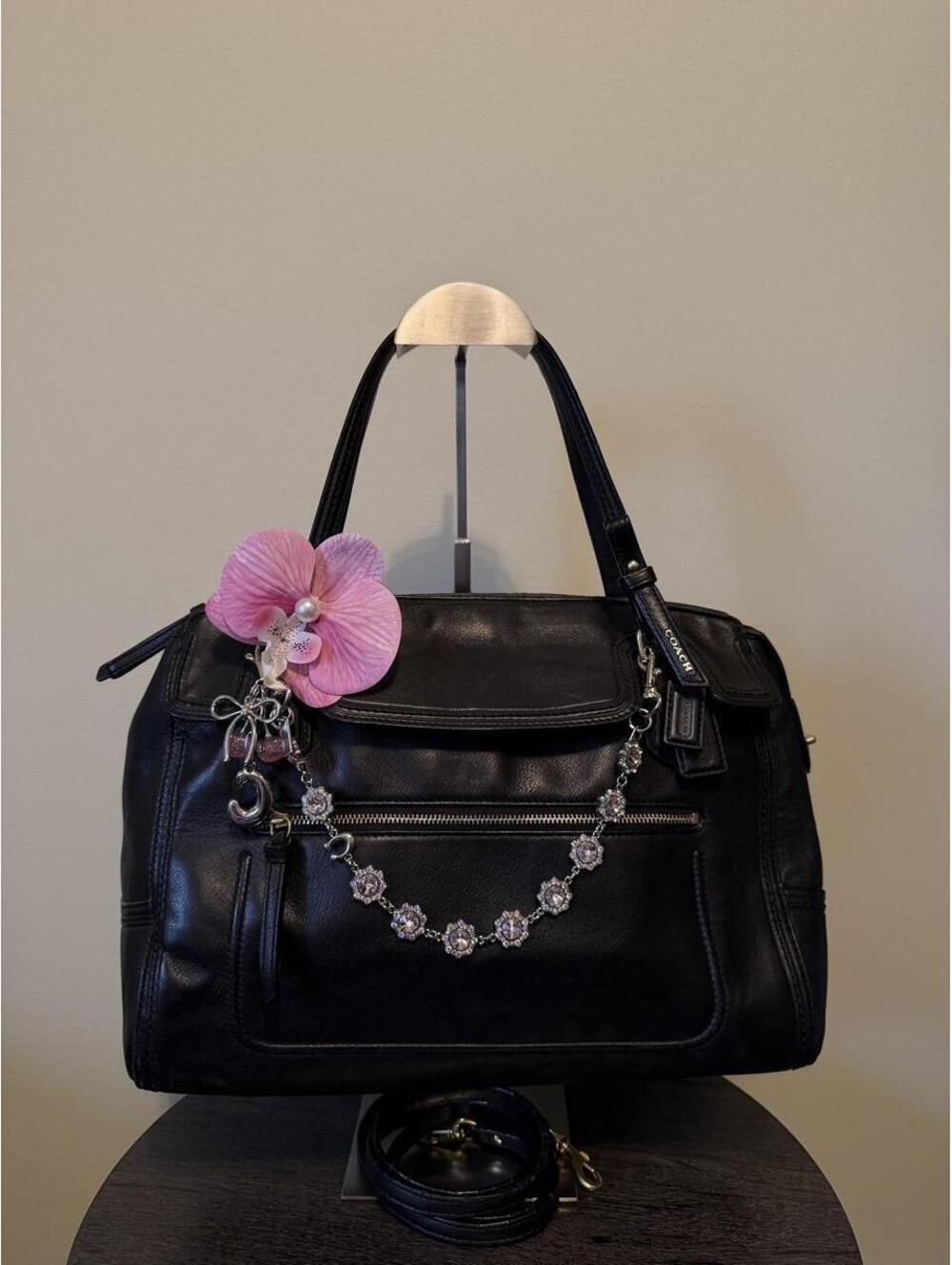 Coach Poppy Black Leather Flap Satchel Handbag 👜